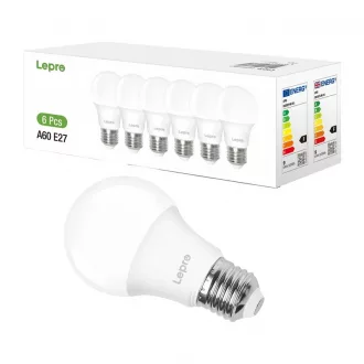   LEPRO 100090-DW-EU-6 LED-izzó, E27, A60, 8,5 W (60 W), 806 lm, 6500 K (hideg fehér), 180°, 6 darabos csomag