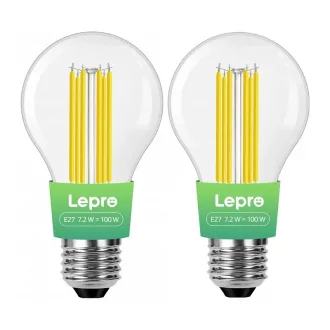   LEPRO 100094-WW-EU-2 E27-es szálas LED-izzó, 7,2 W (100 W), 1521 lm, 2700 K, A osztály, 2 db-os csomag