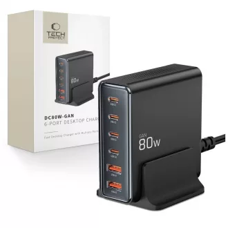   Tech-Protect DC80W-GAN (PD80W/QC3.0) 6-Portos Asztali Töltő Fekete