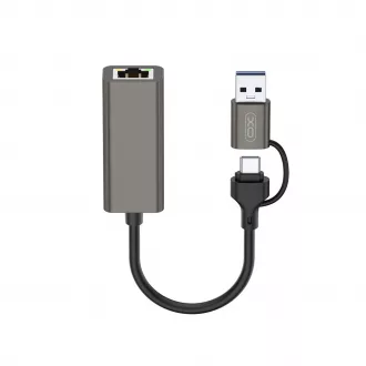 XO adapter HUB HUB018 2w1 USB-USB-C-RJ45 szürke