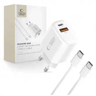   TECH-PROTECT NCA45W-GAN 2-PORT hálózati töltő PD 45W / QC3.0 + TYPE-C kábel fehér