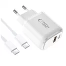 TECH-PROTECT NCA45W-GAN 2-PORT hálózati töltő PD 45W / QC3.0 + TYPE-C kábel fehér