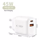 TECH-PROTECT NCA45W-GAN 2-PORT hálózati töltő PD 45W / QC3.0 + TYPE-C kábel fehér
